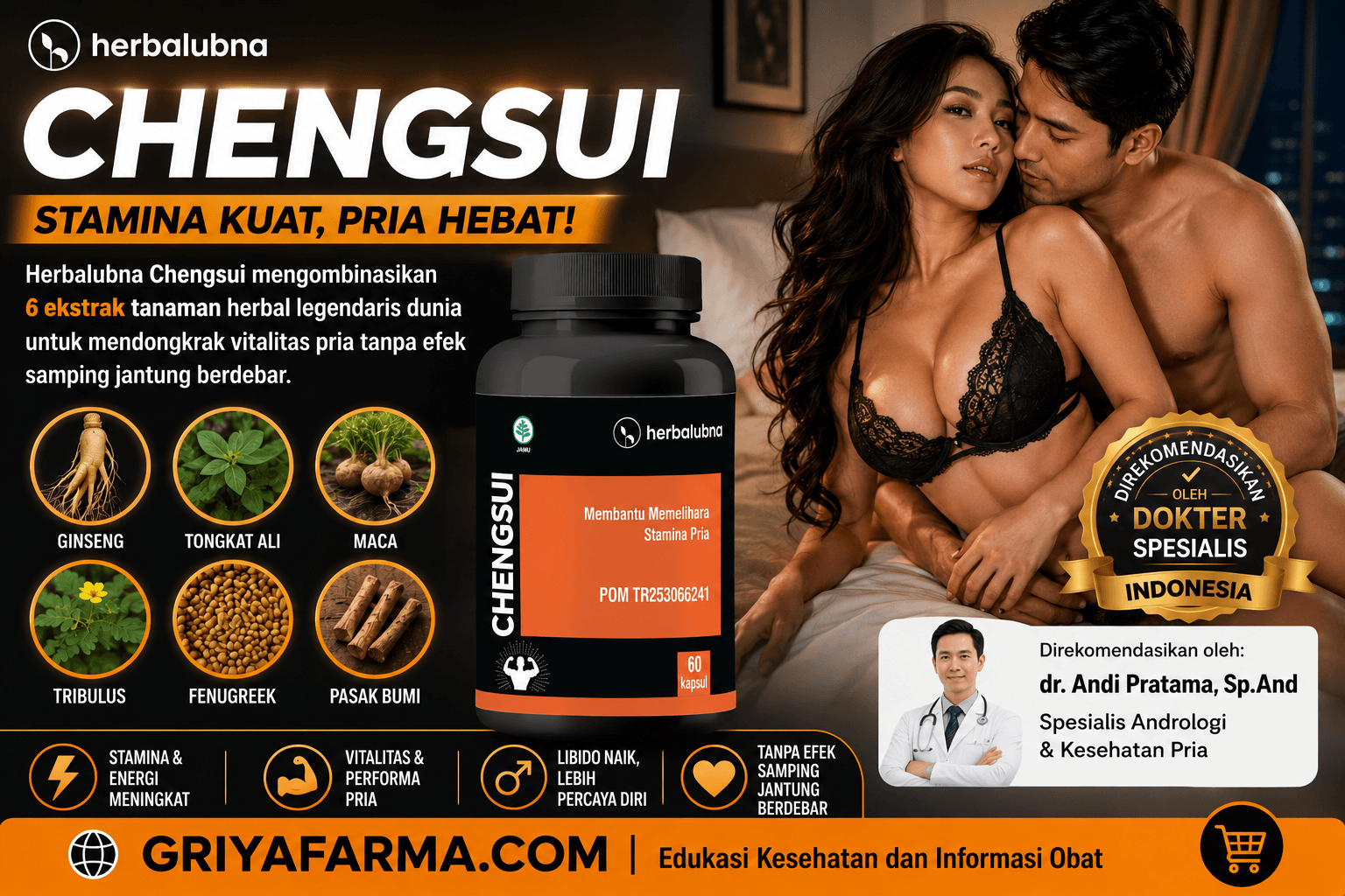 Produk Herbalubna Chengsui isi 60 kapsul obat kuat pria tahan lama yang aman.